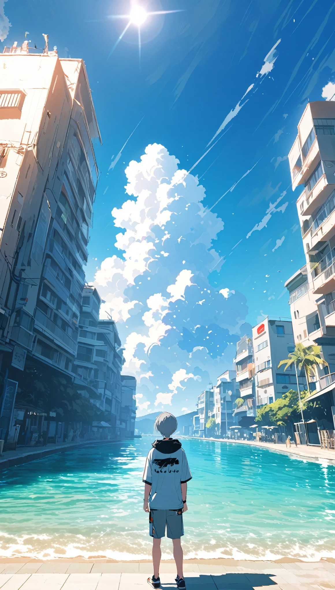 good looking, alone, 1 male, Gray Hair, Red eyes, shirt, Black and white hooded, noon, White Light,cute目,Short hairstyle,cute,Falling from the sky,綺麗なsummerの空,Lots of white clouds,summer,Ocean,Glittering scenery,bright,Blue sky,looking at the camera