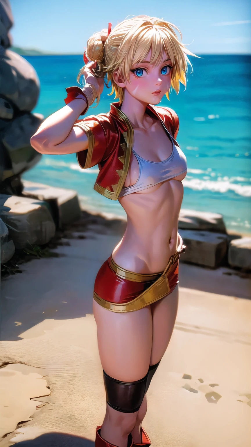 1 adult woman, character "kid" from chrono cross, 20 years old, (mature face), yellow hair in a high braided ponytail, (medium-small bust:1.4),standing on white sandy beach, in various fighting poses, fitted jacket 3/4 cropped (red), white top under jacket, tight fitting micro skirt (red), loose leather boots, ankle wraps, detailed face, detailed eyes, detailed lips, highly detailed hands, best hands, perfect hands, 8k, ultra-detailed 90s era anime style, cinematic lighting, vivid colors, dramatic shadows, masterpiece, award winning art, wide angle, (full length portrait), micrsk3rt, bikini underboob, navel, no bra, bhands 