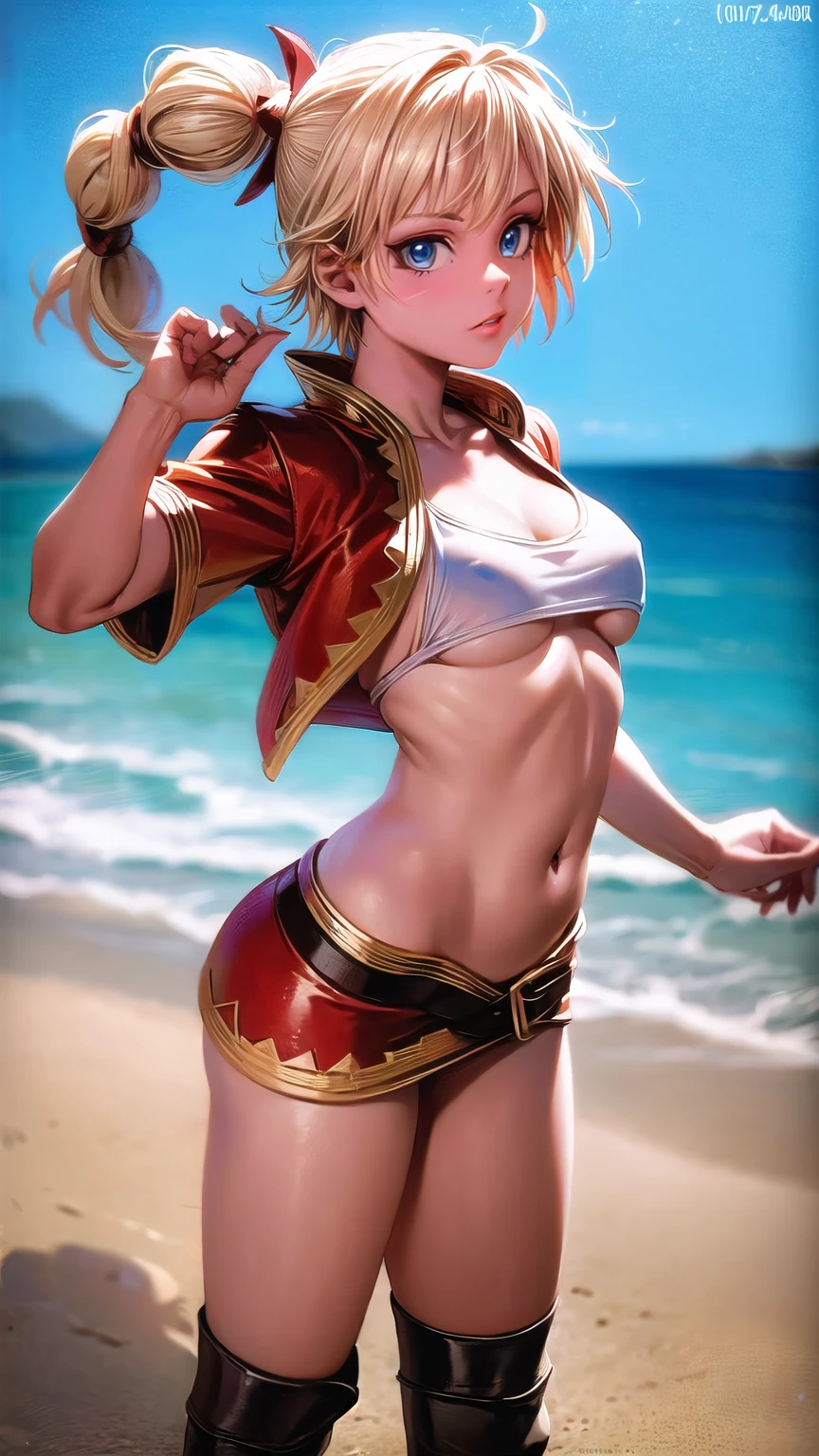 1 adult woman, character "kid" from chrono cross, 20 years old, (mature face), yellow hair in a high braided ponytail, (medium-small bust:1.4),standing on white sandy beach, in various fighting poses, fitted jacket 3/4 cropped (red), white top under jacket, tight fitting micro skirt (red), loose leather boots, ankle wraps, detailed face, detailed eyes, detailed lips, highly detailed hands, best hands, perfect hands, 8k, ultra-detailed 90s era anime style, cinematic lighting, vivid colors, dramatic shadows, masterpiece, award winning art, wide angle, (full length portrait), micrsk3rt, bikini underboob, navel, no bra, bhands 