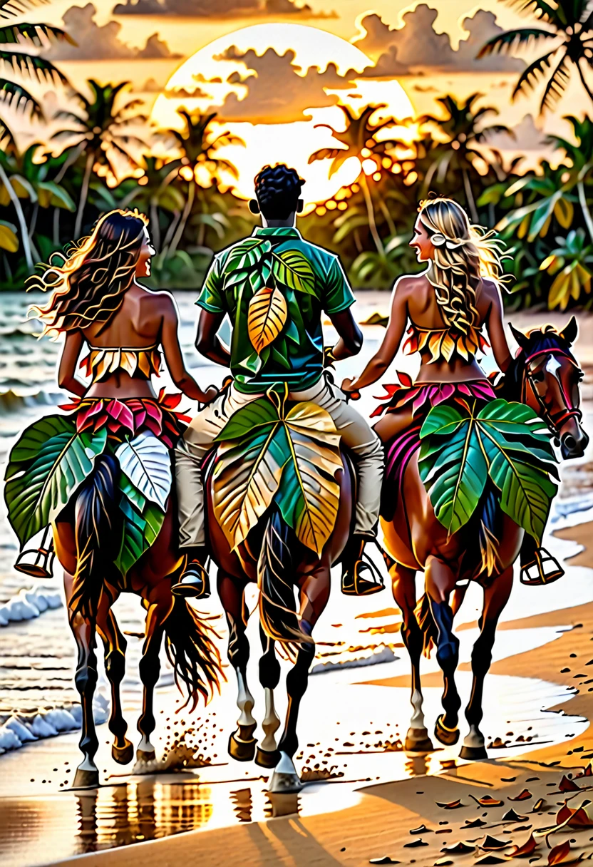 3 friends riding horse 2 girl , 1  man ,pictur of back, detailed leaf-like clothing, amazonian style, on a beach, sunset, realistic, rear view photo,