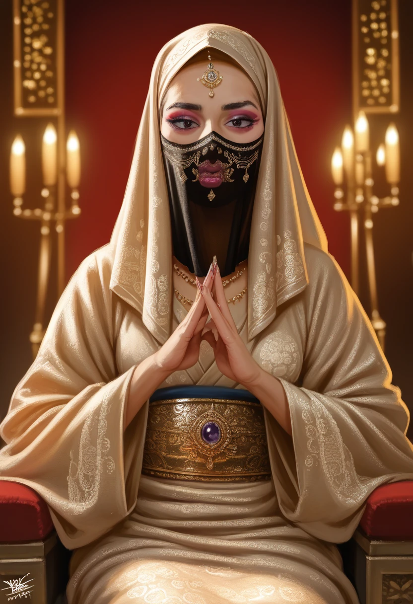 1 girl, teenager, silk hijab, face veil, wearing gold lace kimono, Meiji restoration, polished nails, vibrant juicy lips, makeup, tattoos, setting on a big throne, inside a japanese castle, (best quality,4k,8k,highres,masterpiece:1.2),ultra-detailed,(realistic,photorealistic,photo-realistic:1.37),HDR,UHD,studio lighting,ultra-fine painting,sharp focus,physically-based rendering,extreme detail description,professional,vivid colors,bokeh,portraits,fantasy,cinematic lighting