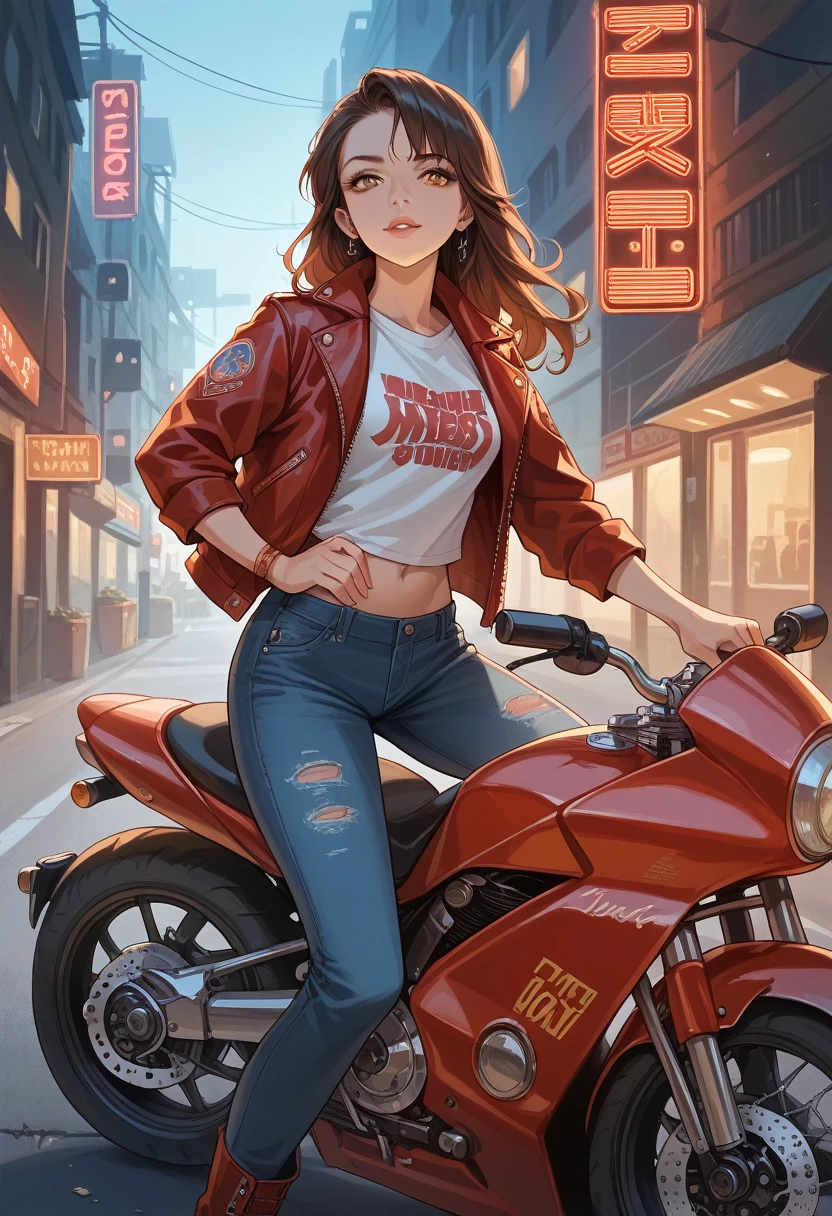 "(((amber2))), a female model with long brown-black straight hair, riding a complete motorcycle through an old vintage Las Vegas street. She is wearing a zipped-up red leather jacket with a white T-shirt underneath, looking confident and stylish. The scene is set in an iconic Las Vegas setting with retro neon lights, vintage signs, and an evening sky. The atmosphere captures a cinematic, photorealistic vibe with vibrant colors, dramatic lighting, and a classic, nostalgic feel as she rides her motorcycle down the lively street, showcasing the full bike in detail."