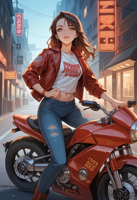 "(((amber2))), a female model with long brown-black straight hair, riding a complete motorcycle through an old vintage las vegas...