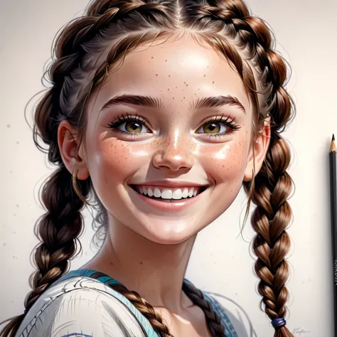 energetic girl smiling with mischievous smile, freckles, braids, realistic sketch, rough sketch, masterpiece, 4k