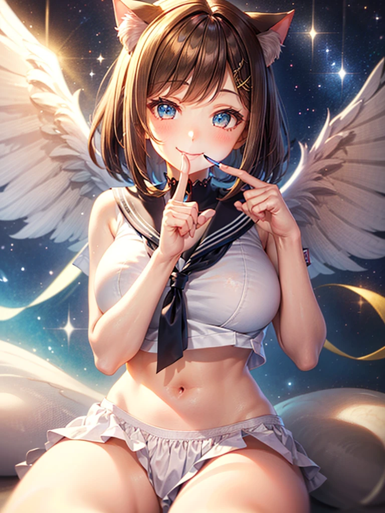 A beautiful smiling girl in a sailor suit,Halation,Cat ear,Brown hair short bob,front,Very beautiful eyes,universe,Milky Way,(((Put your finger over your mouth))),White angel wings on your back,Big Breasts,