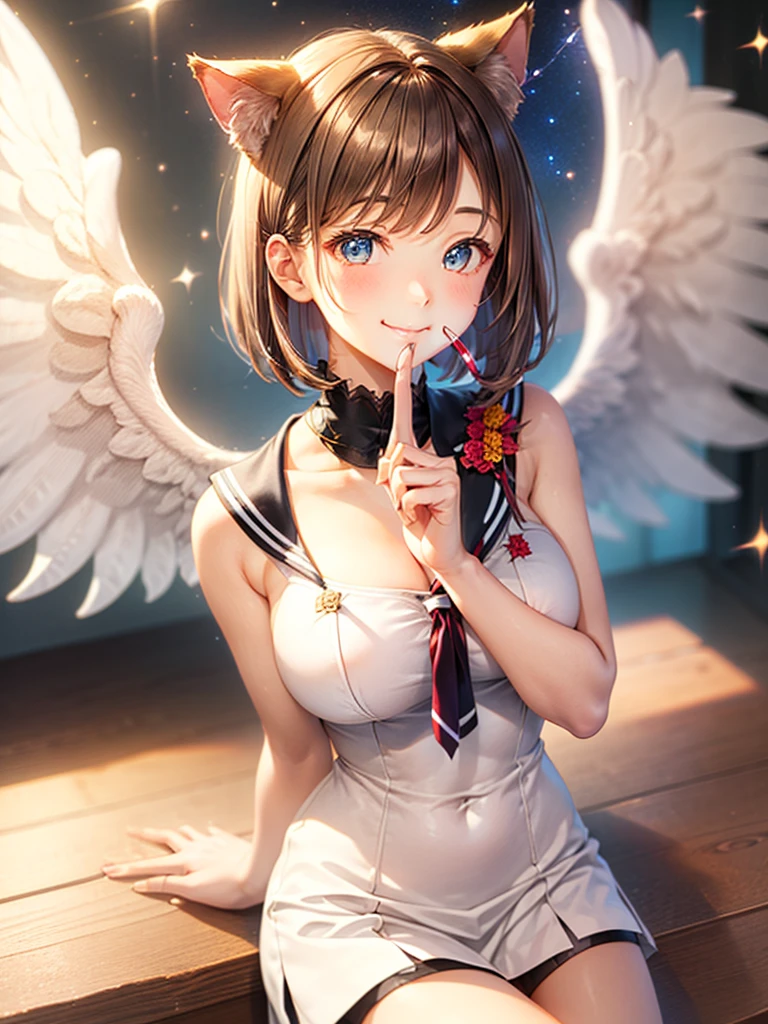 A beautiful smiling girl in a sailor suit,Halation,Cat ear,Brown hair short bob,front,Very beautiful eyes,universe,Milky Way,(((Put your finger over your mouth))),White angel wings on your back,Big Breasts,