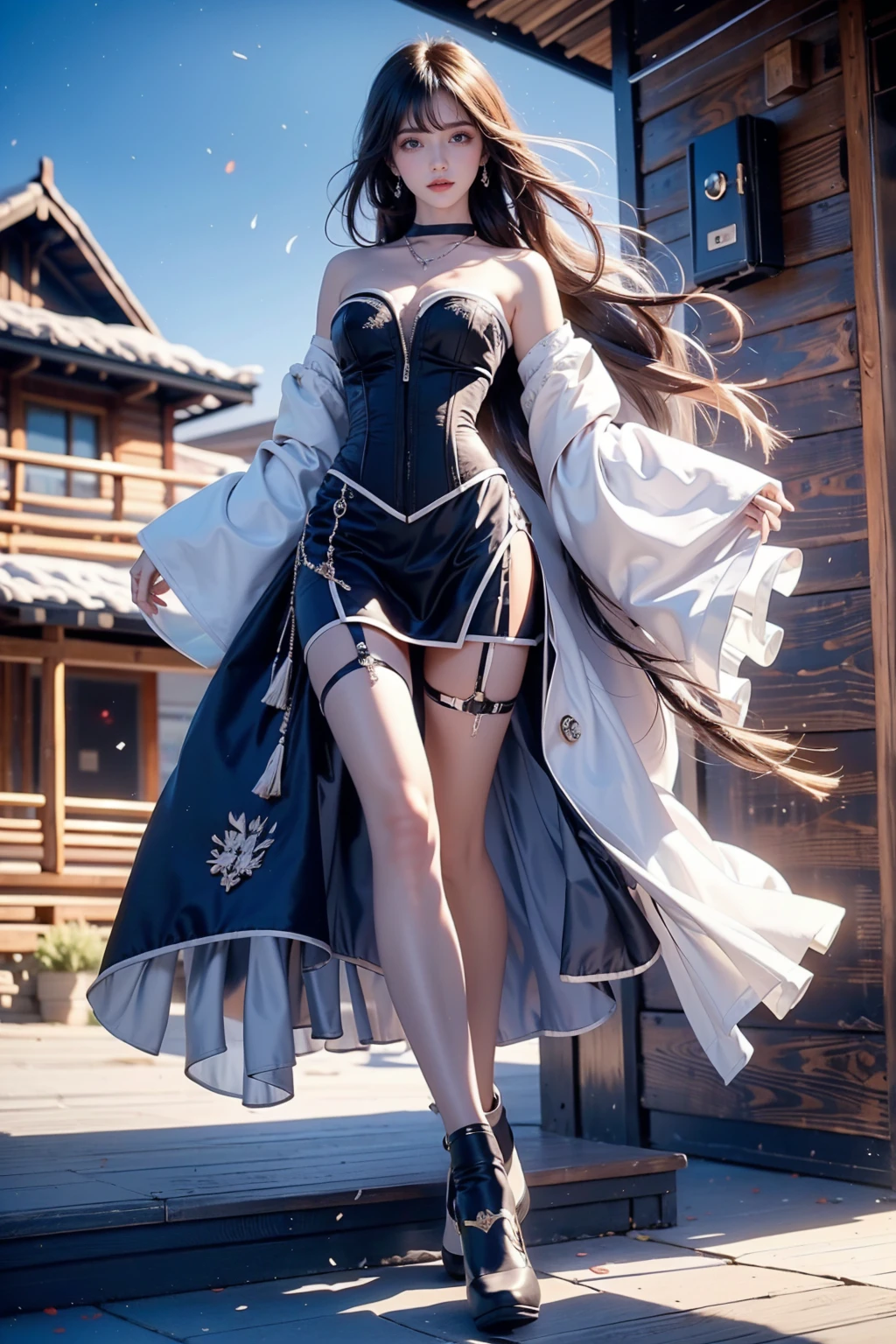 1girl,long flowing hair,floating hair,Lapis Lazuli Hair,Ecstatic Jump,skirt,Corset,outdoor,Secluded Cabin,vboots,white footwear,, (masterpiece:1.2), best quality, highres,extremely detailed CG,perfect lighting,8k wallpaper,, photograph, photorealistic,