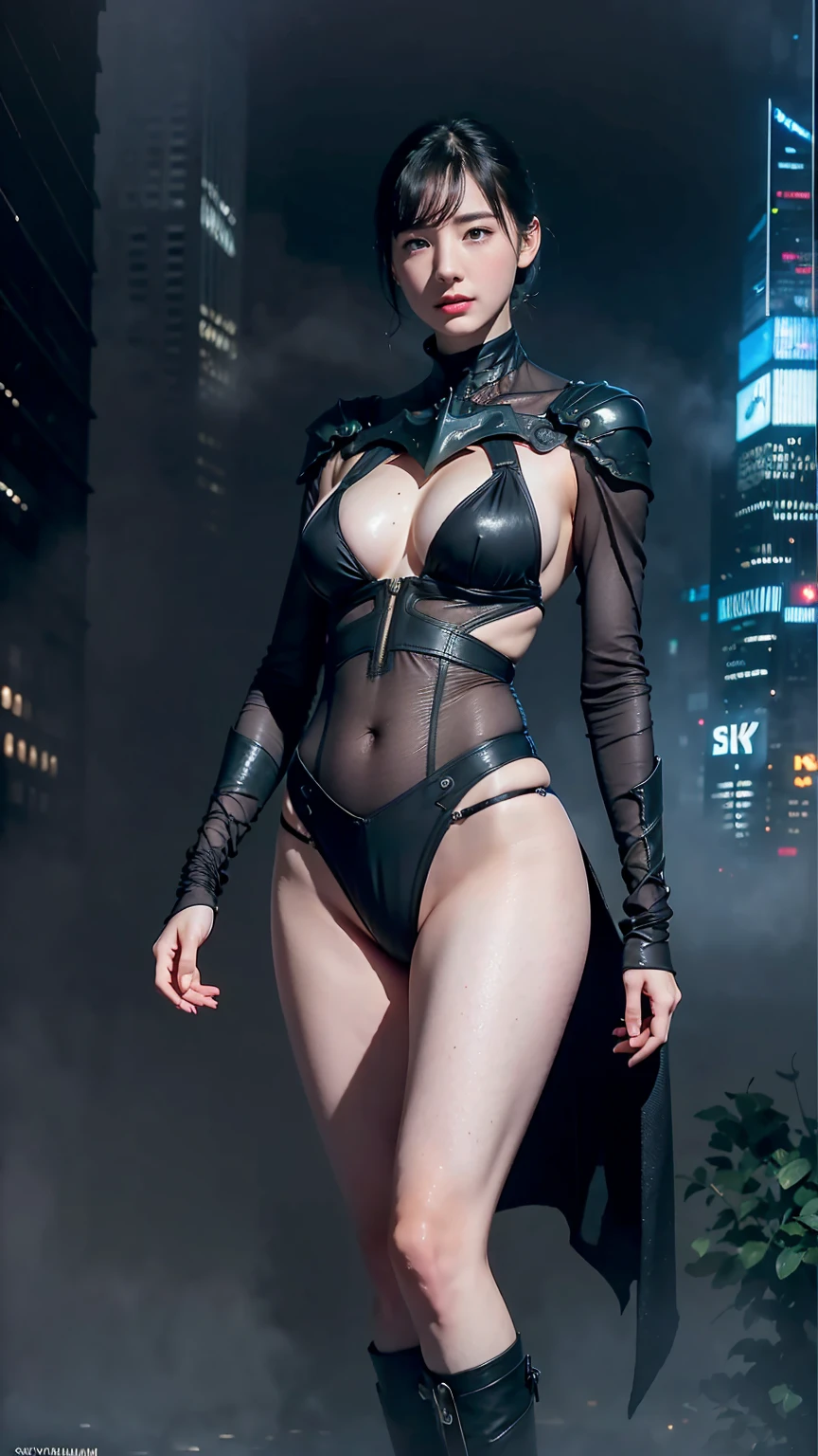 masterpiece, best quality,16K、Ultra-high resolution、50 year old woman posing for photo wearing bikini catwoman bodysuit, scifi character, cyber punk,20-year-old girl, SF Women, Beautiful Skin,((Sexy thighs:1.5)),（Clenching both hands with strong fighting spirit and determination）,
 akihiko yoshida. Unreal Engine, Futuristic clothing and helmets, 美しいcyber punk女性モデル, Photorealistic perfect body, SF Womenキャラクター, Quieter than Metal Gear Solid, Smooth, Glowing Skin,((Gotham City at night, street corner background with skyscrapers shrouded in fog:1.5)),sharp、35mm、16ｋ、