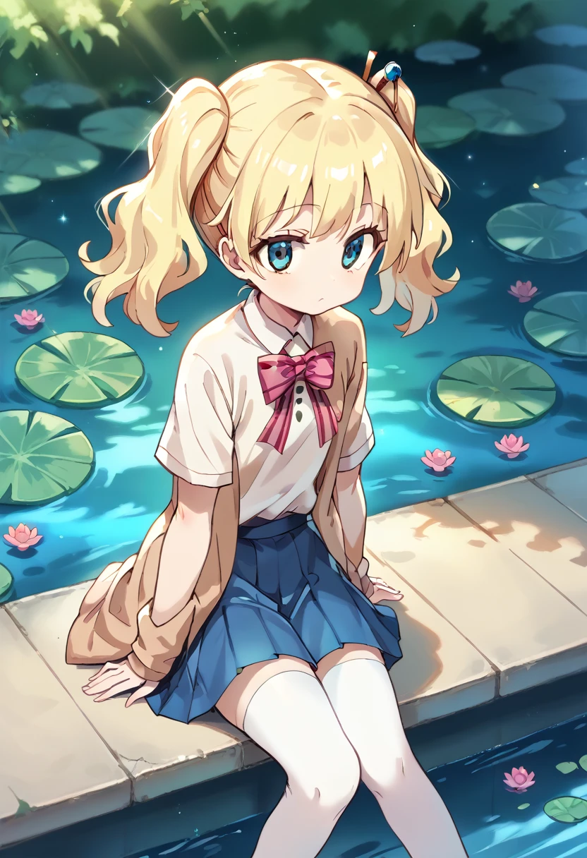 （She looks at the lotus pond and her eyes sparkle with stars.）、(((white collared shirt, cardigan, open cardigan, striped bow, blue pleated skirt, white thighhighs, mary janes、white collared shirt, short sleeves, striped bow, blue pleated skirt, white thighhighs, mary janes、)):1.5、)、