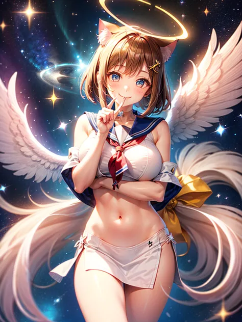 a beautiful smiling girl in a sailor suit,halation,cat ear,brown hair short bob,front,very beautiful eyes,universe,milky way,(((...