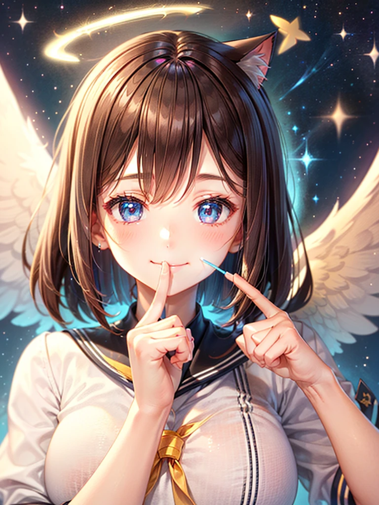 A beautiful smiling girl in a sailor suit,Halation,Cat ear,Brown hair short bob,front,Very beautiful eyes,universe,Milky Way,(((Put your finger over your mouth))),White angel wings on your back,Big Breasts,(((Halo))),