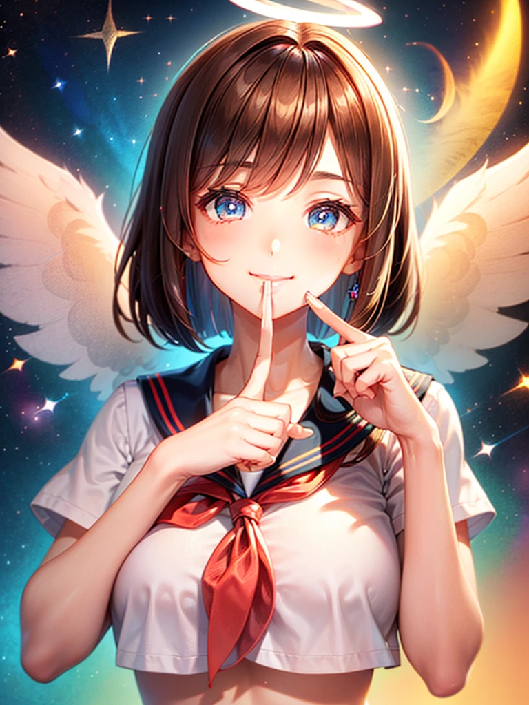 A beautiful smiling girl in a sailor suit,Halation,Cat ear,Brown hair short bob,front,Very beautiful eyes,universe,Milky Way,(((Put your finger over your mouth))),White angel wings on your back,Big Breasts,(((Halo))),