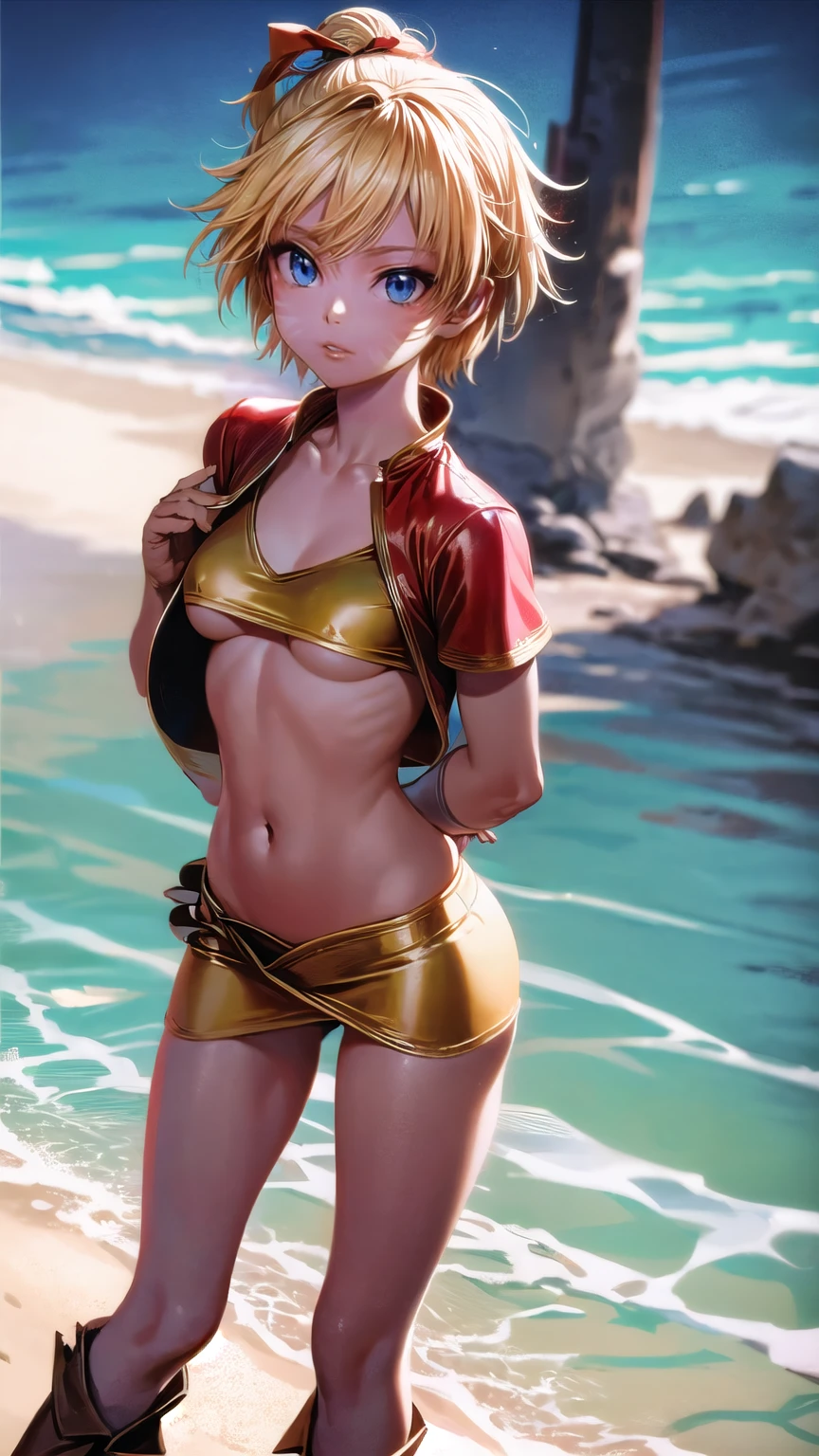 1 adult woman, character kid (chrono cross) , 20 years old, yellow hair in a high braided ponytail, (medium-small bust:1.4),standing on white sandy beach, in various fighting poses, fitted jacket 3/4 cropped (red), white top under jacket, tight fitting micro skirt (red), loose leather boots, ankle wraps, detailed face, detailed eyes, detailed lips, highly detailed hands, best hands, perfect hands, 8k, ultra-detailed 90s era anime style, cinematic lighting, vivid colors, dramatic shadows, masterpiece, award winning art, wide angle, (full length portrait), micrsk3rt, bikini underboob, navel, no bra, bhands 