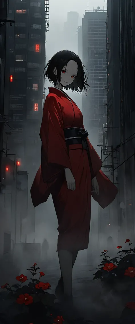 Red silk kimono。Beautiful in the fog,Walking in the fog。Black belt。smile。Black short hair。forehead, Beautiful red eyes。Dead skin。alone。darkness。Spooky atmosphere。Japan。Concrete city。Dark atmosphere without light。night。Red flower,Chiaroscuro,Skyscraper。