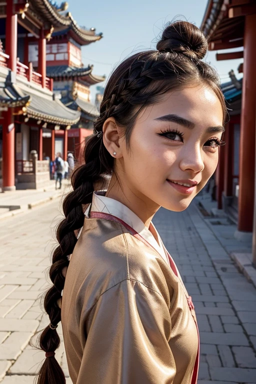 k-pop idol: 1.2, mix4, 1 Korean girl, 14 years, (light eyebrows: 1.4), Shiny brown eyes, bun head, braided two braids, Ancient city, Chinese Temple, high mountain, beautiful sky detailing, street (crowd:1.2), night, (blush of the nose), Hanfu, happy, smile