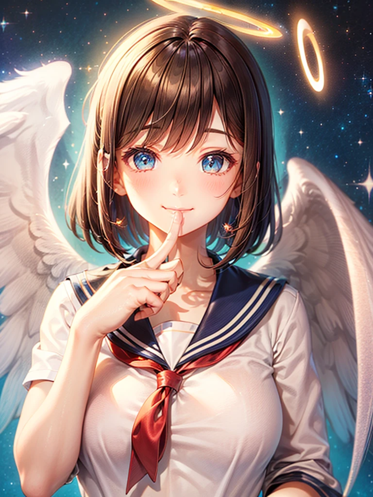 A beautiful smiling girl in a sailor suit,Halation,Cat ear,Brown hair short bob,front,Very beautiful eyes,universe,Milky Way,(((Put your finger over your mouth))),White angel wings on your back,Big Breasts,(((Halo))),