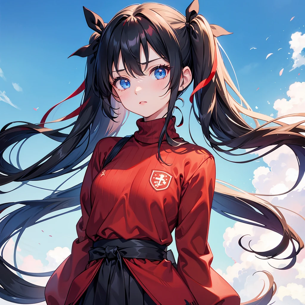 1girl, tohsaka rin, solo, long hair, sweater, red sweater, looking at viewer, blue background, black hair, simple background, two side up, turtleneck, blue eyes, lips, closed mouth, ribbon, hair ribbon, bangs, turtleneck sweater, upper body, parted bangs, black ribbon, ribbed sweater, twintails, nose,