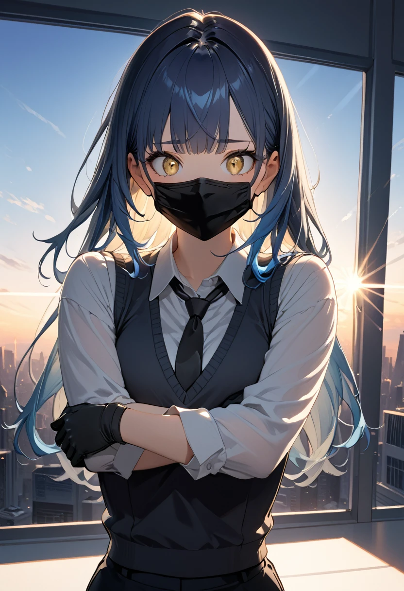 (masterpiece), best quality, 1 girl, solo, Beautiful woman, upper body, yellow eyes, deep blue hair, long hair, lob haircuts, mouth mask, white Long-sleeved shirt, black tie, vest sweater, white format gloves, black trousers, Expressionless, constricted pupils, calm, looking a view, highres, highest quallity, illustration, cinematic light, dramatic shading, evening days, good lighting, volumetric lighting, backlighting, light rays, shy pose, perfect dynamic composition, foreshortening, The background in office with panoramic skyline view bright daylight,