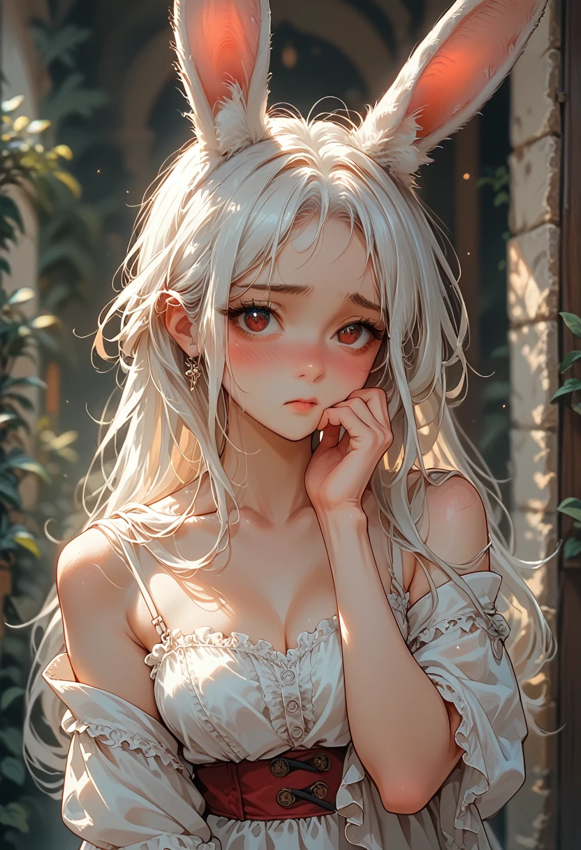 Anime girl with white hair and rabbit ears, Red eyes, shy blush, 