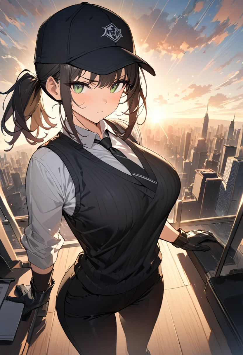 (masterpiece), best quality, 1 girl, solo, large breast, thin, thick thigh, upper body, green eyes, black hair, medium hair, short ponytail, gradient hair, black baseball cap, white Long-sleeved shirt, black format tie, vest sweater, white format gloves, black trousers, serious face, looking a view, highres, highest quallity, illustration, cinematic light, dramatic shading, evening days, good lighting, volumetric lighting, backlighting, light rays, perfect dynamic composition, foreshortening, Design an image with a fisheye lens effect, The background in office with panoramic skyline view bright daylight,