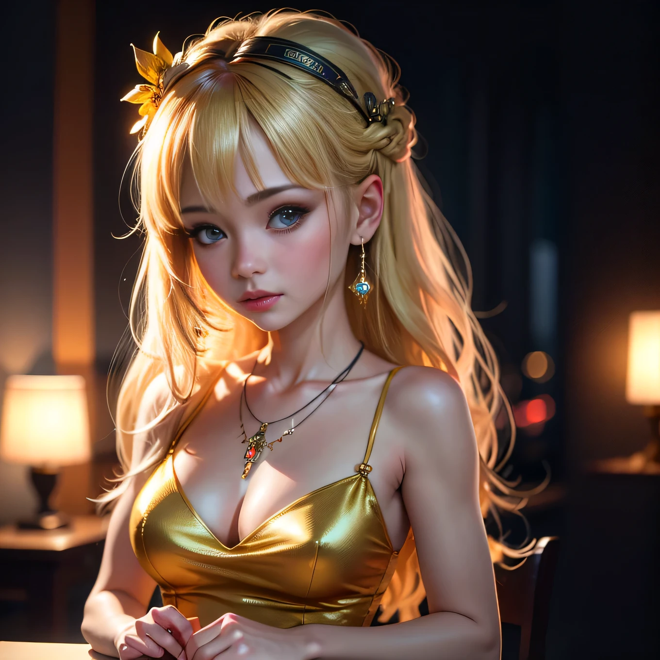 best quality, masterpiece, highres, 1girl,china dress,hair ornament,necklace, jewelry,Beautiful face,upon_body, tyndall effect,photorealistic, dark studio, rim lighting, two tone lighting,(high detailed skin:1.2), 8k uhd, dslr, soft lighting, high quality, volumetric lighting, candid, Photograph, high resolution, 4k, 8k, Bokeh, blonde hair,  