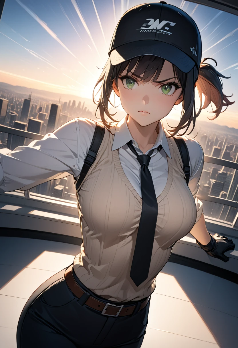 (masterpiece), best quality, 1 girl, solo, medium breast, thin, thick thigh, upper body, green eyes, black hair, medium hair, short ponytail, gradient hair, black baseball cap, white Long-sleeved shirt, black format tie, vest sweater, white format gloves, belt, black trousers, serious face, looking a view, highres, highest quallity, illustration, cinematic light, dramatic shading, evening days, good lighting, volumetric lighting, backlighting, light rays, perfect dynamic composition, foreshortening, Design an image with a fisheye lens effect, The background in office with panoramic skyline view bright daylight,