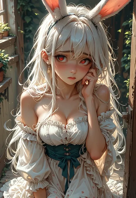 anime girl with white hair and rabbit ears, red eyes, shy blush,