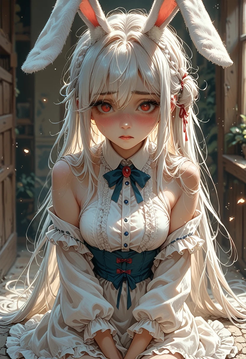 Anime girl with white hair and rabbit ears, Red eyes, shy blush, 