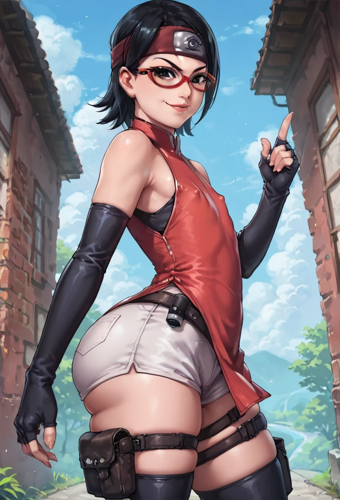 score_9_up, score_8_up, score_7_up, score_6_up, score_5_up, score_4_up, ,zPDXL2, solo, rating_safe, perfect face, perfect eyes, BBC_Chan Style, Sarada Uchiha, solo, 1girl, black hair, short hair, red-framed eyewear, headband, glasses, black eyes, double slit red dress, sleeveless, elbow gloves, black gloves, fingerless gloves, white shorts, black thighhighs, thigh holster, large round butt, bubble butt, gluteal fold ,konohagakure village pathway, flat chest,full lips, wide hips, thick thighs, (cheeky_smirk:1.3), nipple bulge, (side view:1.4)
