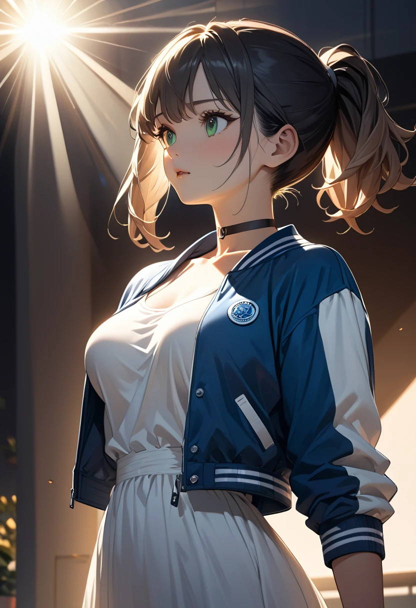 (masterpiece), best quality, 1 girl, solo, medium breast, thin, thick thigh, upper body, green eyes, black hair, medium hair, short ponytail, gradient hair, black mouth mask, choker neck, white maxi dress, blue Varsity jacket, Expressionless, looking a view, highres, highest quallity, illustration, cinematic light, dramatic shading, evening days, good lighting, volumetric lighting, backlighting, light rays, perfect dynamic composition, foreshortening, The background in mall,