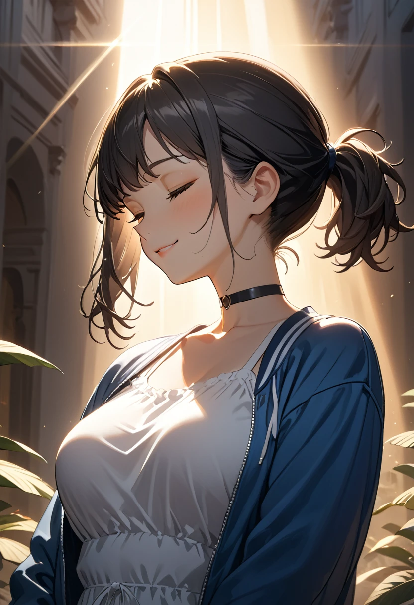 (masterpiece), best quality, 1 girl, solo, medium breast, thin, thick thigh, upper body, black hair, medium hair, short ponytail, gradient hair, choker neck, white maxi dress, blue Varsity jacket, closed eyes, cute smile, looking a view, highres, highest quallity, illustration, cinematic light, dramatic shading, evening days, good lighting, volumetric lighting, backlighting, light rays, perfect dynamic composition, foreshortening, The background in mall,