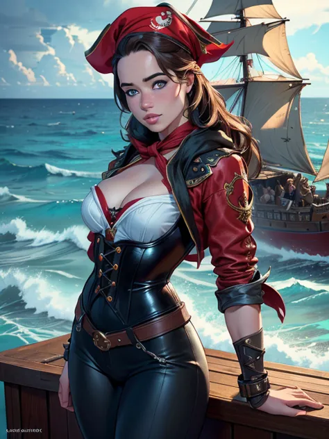 a young girl in a pirate outfit, anna popplewell, standing on a ship deck in the ocean, wearing tight leather pants, a corset wi...