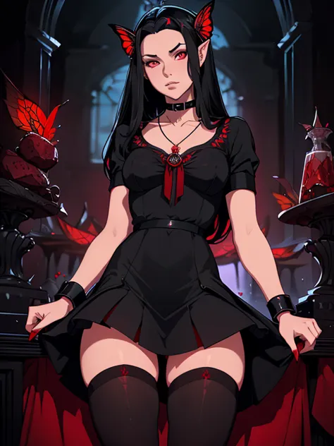 expressionless,,(dark fantasy),((wonderful illustration)),(detail splash), long black hair, red pupils, girl, pure black dress, ...