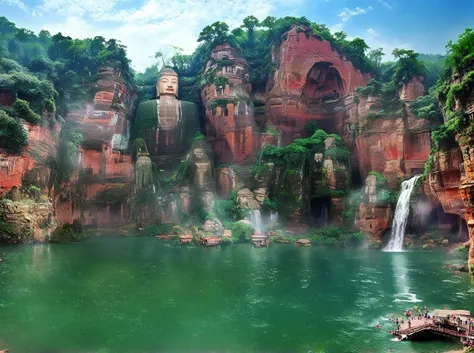 there is a large waterfall in the middle of the lake, waterfalls and lakes, leshan giant buddha，lakes and waterfalls, incredibly...