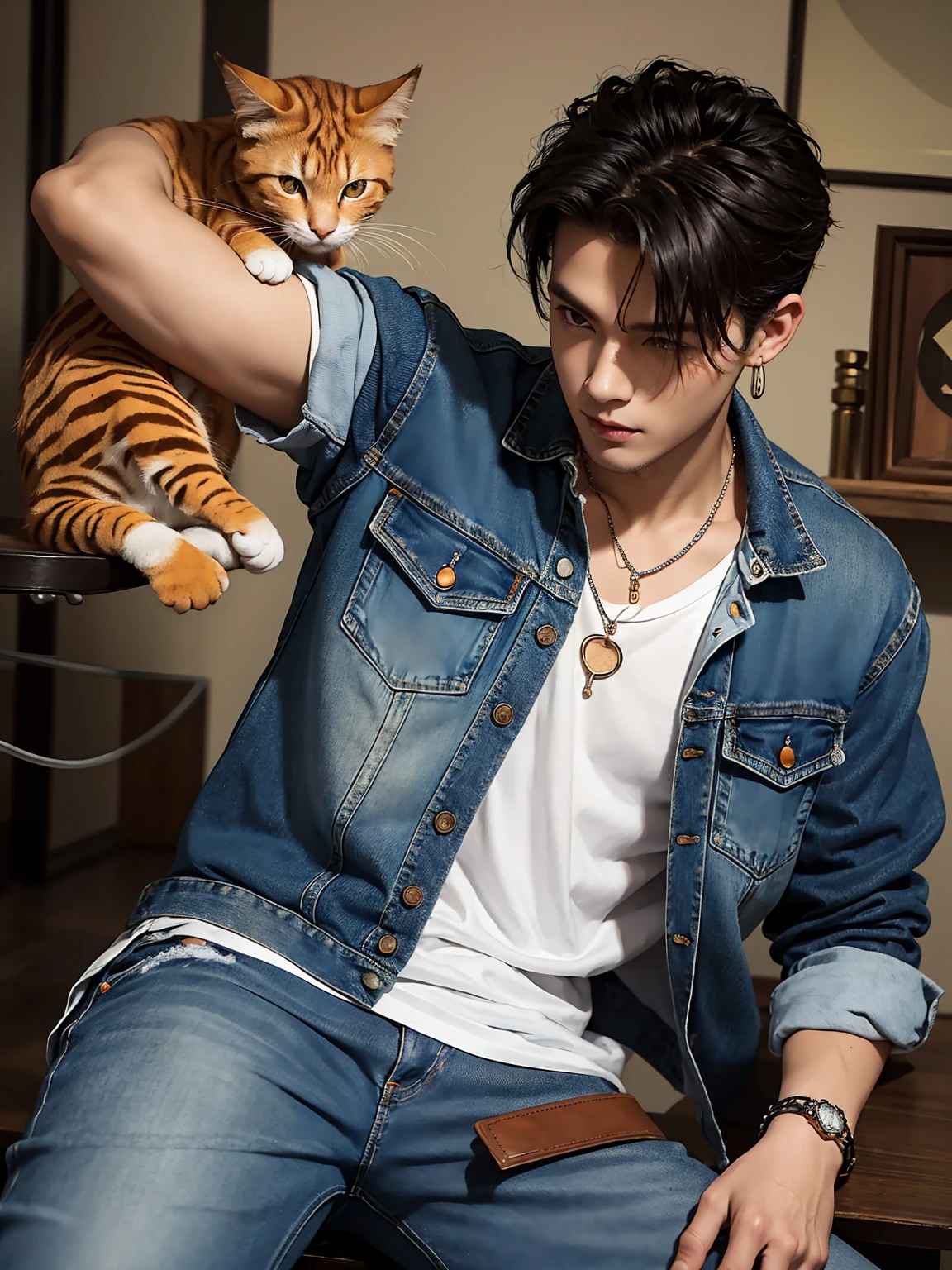 Masterpiece, complicated details, (((handsome young boyอายุ 30 ปี))), rocker denim jacket, Jeans, leather bracelet, wire necklace, big earrings, Araffi and an orange cat sat on a man&#39;s lap., Inspiration from Zhang Han, Inspired by Adam Dario Kiel, Who is Xi Wu?, realistic. cheng yi, Inspiration from Yan Juncheng, Handsome face and beautiful face, Inspired by Kim Hwan Ki, Inspiration from Kim Eung Hwan, yanjun chengt, Cai Su Kun, Inspired by Zhou Chen&#39;s Masterpiece, complicated details, handsome young boy, rocker denim jacket, Jeans, leather bracelet, wire necklace, big earrings, Posing against the mirror, Black hair, big black eyes, holding an orange cat. มีorange tabby catMasterpiece, complicated details, ((Handsome young boy holding an orange cat)), rocker denim jacket, Jeans, leather bracelet, wire necklace, big earrings, Black hair, big black eyes, Orange shirt, holding an orange cat, Araffi and a white cat sitting on a man&#39;s lap., Inspiration from Zhang Han, Inspired by Adam Dario Kiel, Who is Xi Wu?, realistic. cheng yi, Inspiration from Yan Juncheng, Handsome face and beautiful face, Inspired by Kim Hwan Ki, Inspiration from Kim Eung Hwan, yanjun chengt, Cai Su Kun, Inspired by Zhou Chen&#39;s Masterpiece, complicated details, handsome young boy, rocker denim jacket, Ripped jeans , leather bracelet, wire necklace, big earrings, Black hair, big black eyes, holding an orange cat. ((orange tabby cat))Masterpiece, complicated details, handsome young boy, (((Rocker Tattered Denim Jacket, Ripped jeans))), leather bracelet, wire necklace, big earrings, Long black hair, big black eyes, Orange shirt, holding an orange cat, blackground is sunrise on the green meadow，Perfect hand details，Professional photography，Professional composition