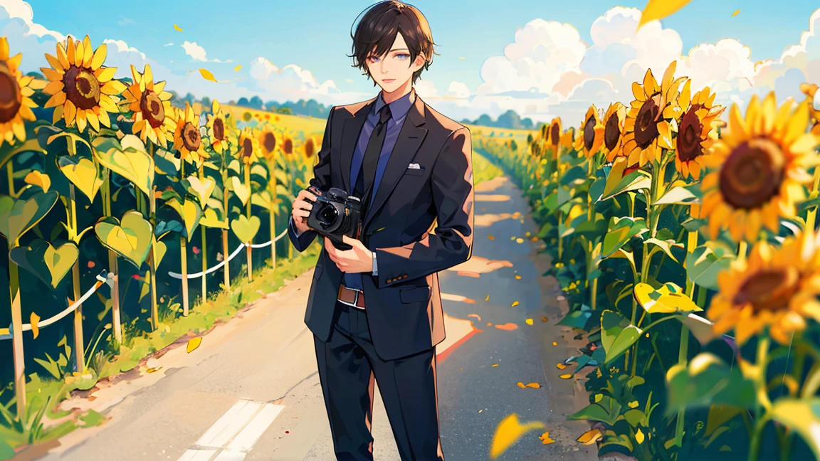 (masterpiece:1.2), Highest quality,Pixiv,A man with short black hair standing in a field of sunflowers, Warm lighting, Blurred foreground, Happy,Handsome,Have a camera,noon,smile

