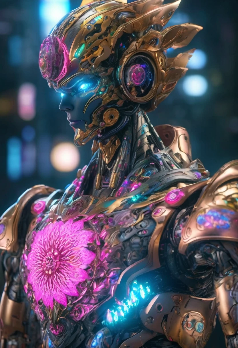 (((masterpiece、High quality, super detailed, 4K))),A highly detailed, photorealistic humanoid robot with a lotus flower motif, lotus flowers drawn on the shoulders, in a masterpiece style, 4K resolution, ultra-detailed, intricate, mechanical, futuristic, intricate patterns, glowing, bioluminescent, ethereal, surreal, dramatic lighting, cinematic, award-winning