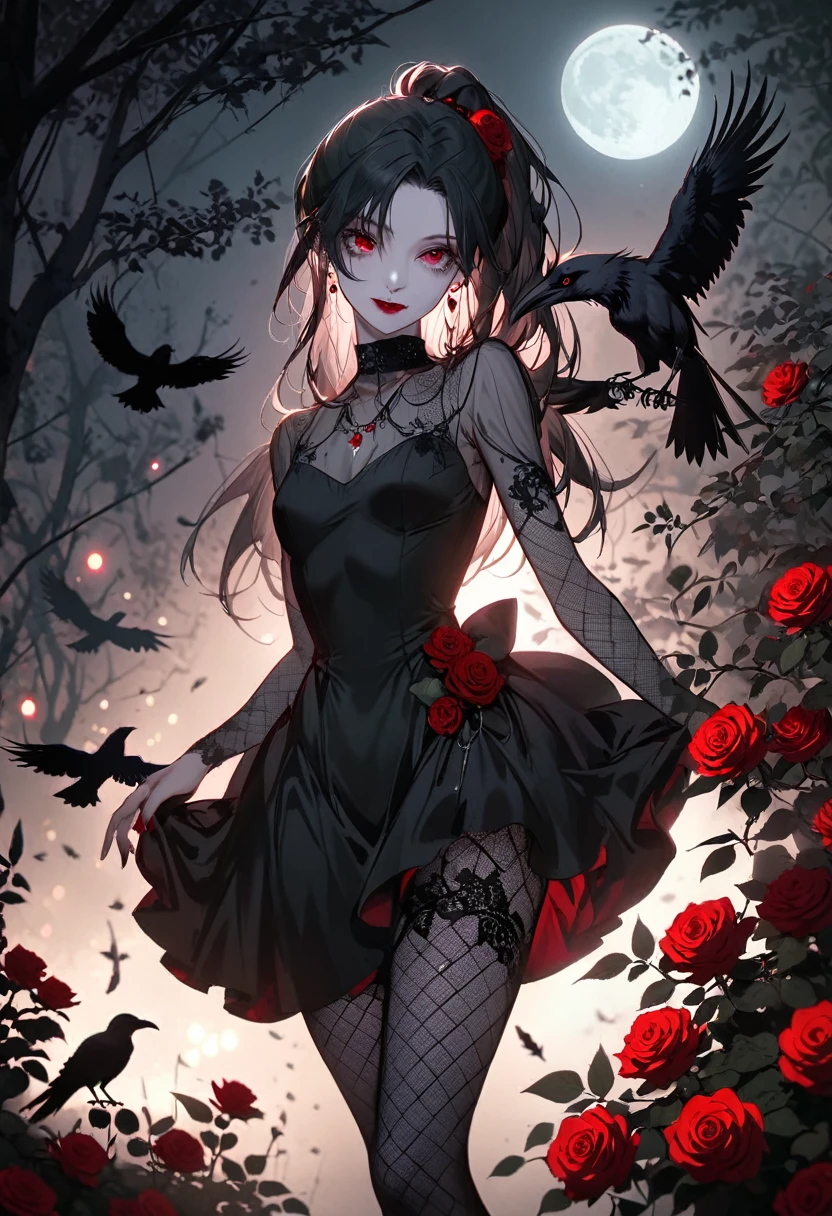 Sexy Goth Vampire Girl，In the rose garden at night，Beautiful and delicate eyes，Black straight ponytail with blue tip，Crow's feathers，Red lipstick，Mysterious Smile，Pale complexion，Fishnet tights，Black lace dress，Pointed toes give off a sexy aura，The moonlight illuminates her elegant silhouette，Soft shadows and soft highlights，Contrasting colors create a lively atmosphere，A dark and muted color palette，Subtle yet dramatic lighting effects，A combination of solemn darkness and beautiful moonlight, She is tall and mature