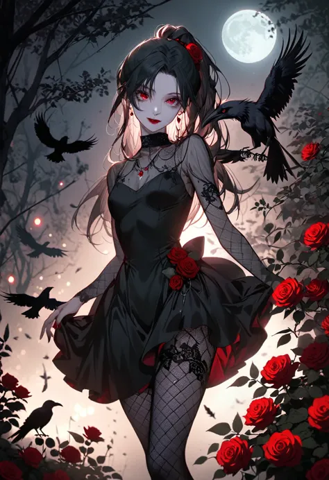 sexy goth vampire girl，in the rose garden at night，beautiful and delicate eyes，black straight ponytail with blue tip，crow's feat...