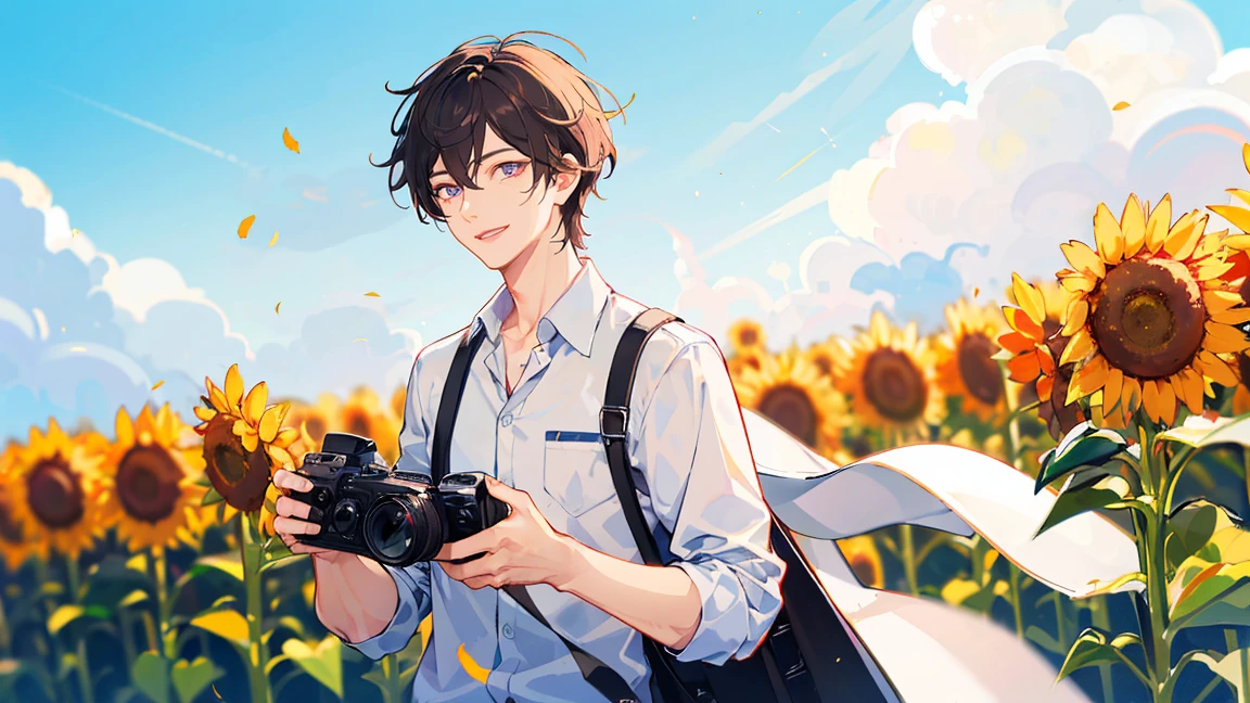 Highest quality,Pixiv,A man with short black hair standing in a field of sunflowers, Warm lighting, Blurred foreground, Happy,Handsome,Have a camera,noon,smile,Summer clothes,White shirt