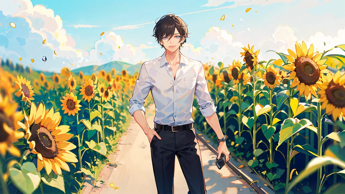 Highest quality,Pixiv,A man with short black hair standing in a field of sunflowers, Warm lighting, Blurred foreground, Happy,Handsome,Have a camera,noon,smile,Summer clothes,White shirt