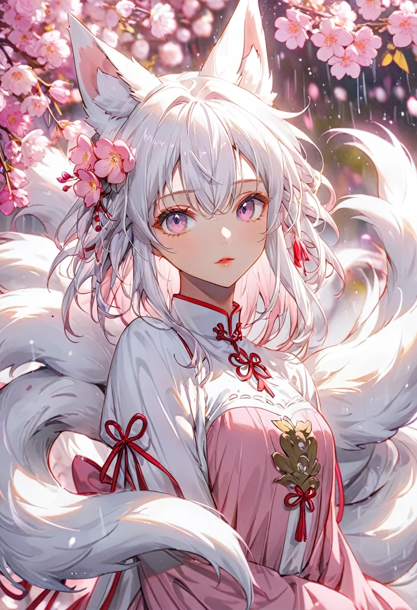 9 snow-white fox tails (1.0), Milky Fox Tail (1.0), Nine-Tailed Foxの狐のクローズアップ, Nine-Tailed Fox, Nine-Tailed Fox, With pink hair、Anime girl in a pink dress with flowers in her hair, very Beautiful anime fox girl, Beautiful anime fox girl, Beautiful fantasy anime, Gwaiz, Anime girl with fox ears, Beautiful Anime Girls, Very beautiful and cute fox girl, Pink flower rain, Background Blur, Anime Style 4k, Anime fantasy artwork, 4k anime wallpaper, Gubes-inspired artwork