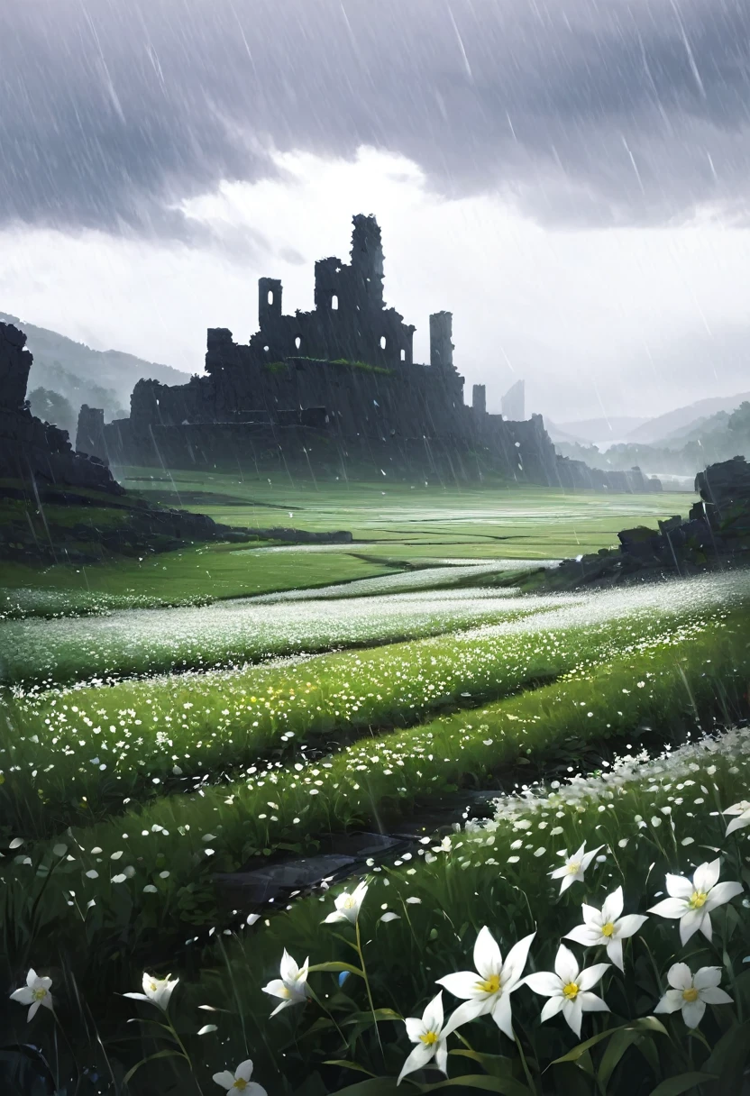 field of white flowers, hinterland, hinterland do jardim do castelo, paisagem sombria, (dreamy landscape), ruins, karo, raining
