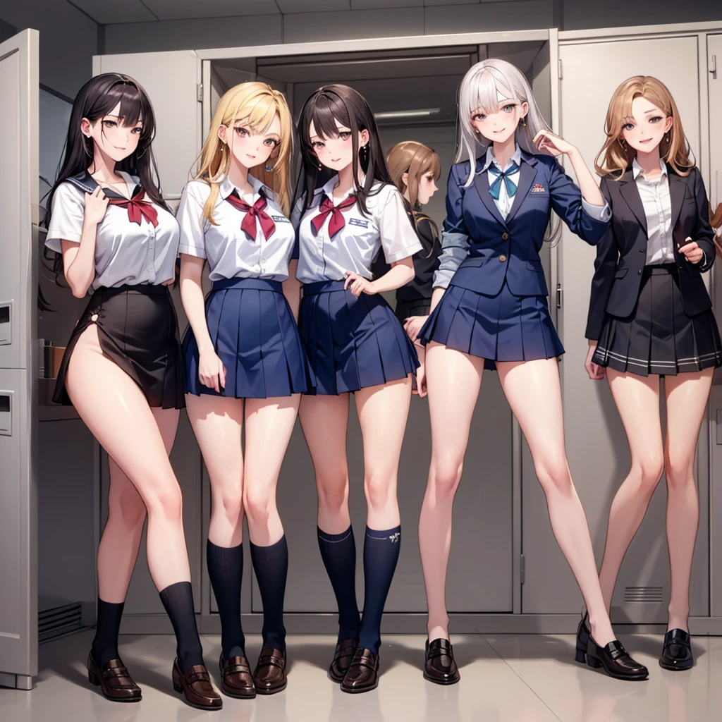 nsfw, (8k、Best image quality、Highest quality、masterpiece)、Detailed face、Detailed Background, Improve、Five beautiful 1 women, tall, (Schoolgirl uniform:1.3), Earrings, (grin), Changing clothes in the school locker room, Beautiful thighs, Dynamic Angles, full body, 