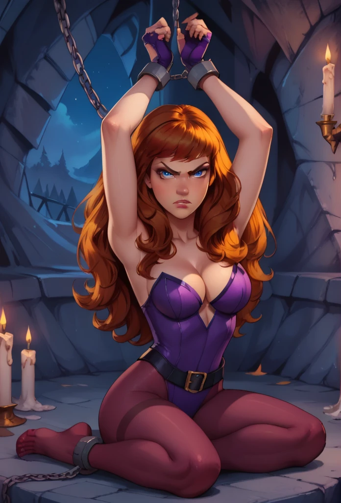 score_9, score_8_up, score_7_up, 1girl, solo, dafhne blake, long red hair, blue eyes,purple leotard and pantyhose fingerless gloves, cleavage, candles, night, long fingernails, hell palace, angry look, feet, female focus, blue eyes, fantasy, arms in chains, arms up, metal hand cuffs, bondage, (enchained, iron chains:1.2),