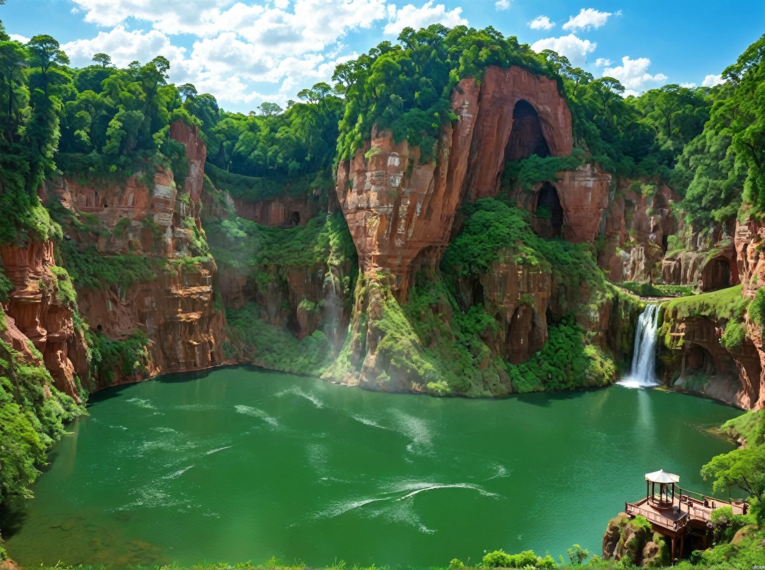 Towering red and brown cliffs dotted with lush green trees，Dominating the scene, Creating a stunning natural amphitheatre. bottom, A tranquil green lake reflects the vibrant landscape. A small pavilion and a simple trail nestle beside the cascading waterfall.，Adding a touch of tranquility to this awe-inspiring landscape。. The sky is a stunning expanse of blue，Dotted with white clouds, Complementing the vibrant scenery, Pristine environment.