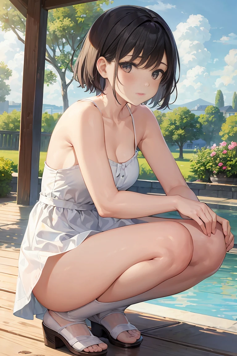 In the style of Claude Monet, Impressionism, One Girl, Focus on the upper body, (White camisole dress), , Whole Body Ezbian, Silver short hair, Pool,  squat。Showing off pussy bottomless