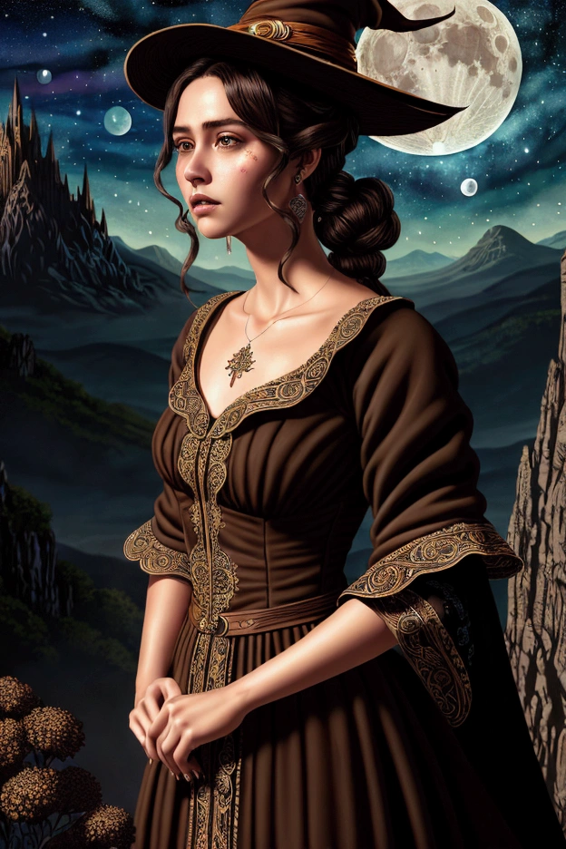 (masterpiece),(Best Quality), illustration, (fancy:1.4), witch, Cute detailed digital art, beautiful face, Brown hair, hair tied, castillo, Mountain, dark long dress, a moon, flores , paper_Cut