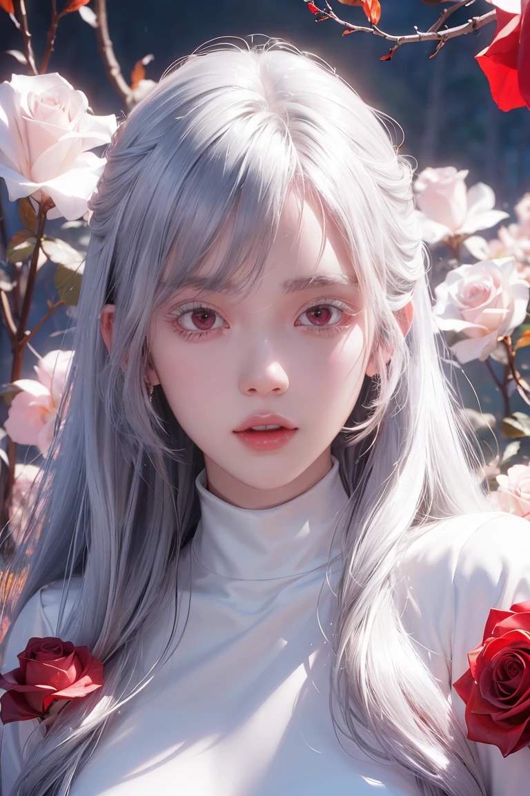 (8k, best quality, masterpiece: 1.2), (realistic, photorealistic photorealistic: 1.37), best quality, masterpiece, unity, an extremely delicate beautiful, extremely detailed, amazing, fine detail, masterpiece, best quality, official art, absurd, incredibly absurd, super detailed, high resolution, very detailed, beautiful detailed girl, extremely detailed eyes and face, beautiful detail eyes, light on face, white hair, Kpop idol, ulzzang-6500, A female , she/her, pale skin, with long silky white straight hair with straight short bangs covering her eyebrows!!!!, red eyes!! white eyelashes, very sexy, wearing a knitted, deep red turtleneck with a long black stockings and black boots, red background, wallpaper, highest resolution, magical, roses, hot, pfp,(8k, best quality, masterpiece: 1.2), (realistic, photorealistic photorealistic: 1.37), best quality, masterpiece, unity, an extremely delicate beautiful, extremely detailed, amazing, fine detail, masterpiece, best quality, official art, absurd, incredibly absurd, super detailed, high resolution, very detailed, beautiful detailed girl, extremely detailed eyes and face, beautiful detail eyes, light on face, white hair, Kpop idol, ulzzang-6500, A female , she/her, pale skin, with long silky white straight hair with straight bangs covering her eyebrows, red eyes, very sexy, wearing a knitted, deep red turtleneck with a long black stockings and black boots, red background, wallpaper, highest resolution, magical, roses, hot, pfp, badass cool, looks evil, add thick bangs