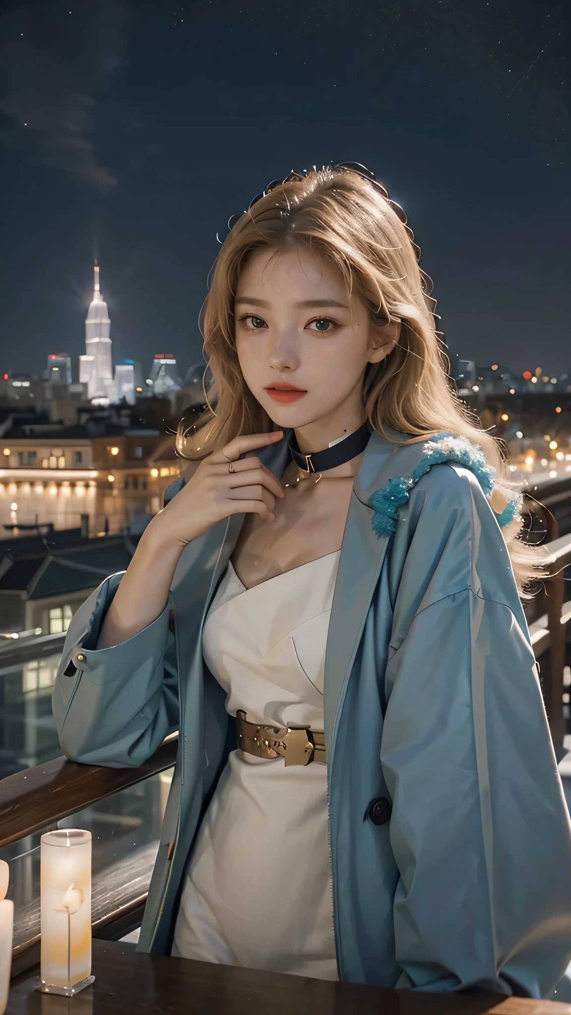 Girl wearing, luxury  cyan coat,  Coat belt, golden blet, with bishop collar design, shoulder length hair, wavy hair, glowing skin, star in eye, red lips, audience background, City background, sky scraper, open area, stars, dinning table, cute poses , upper body, light blonde hair.